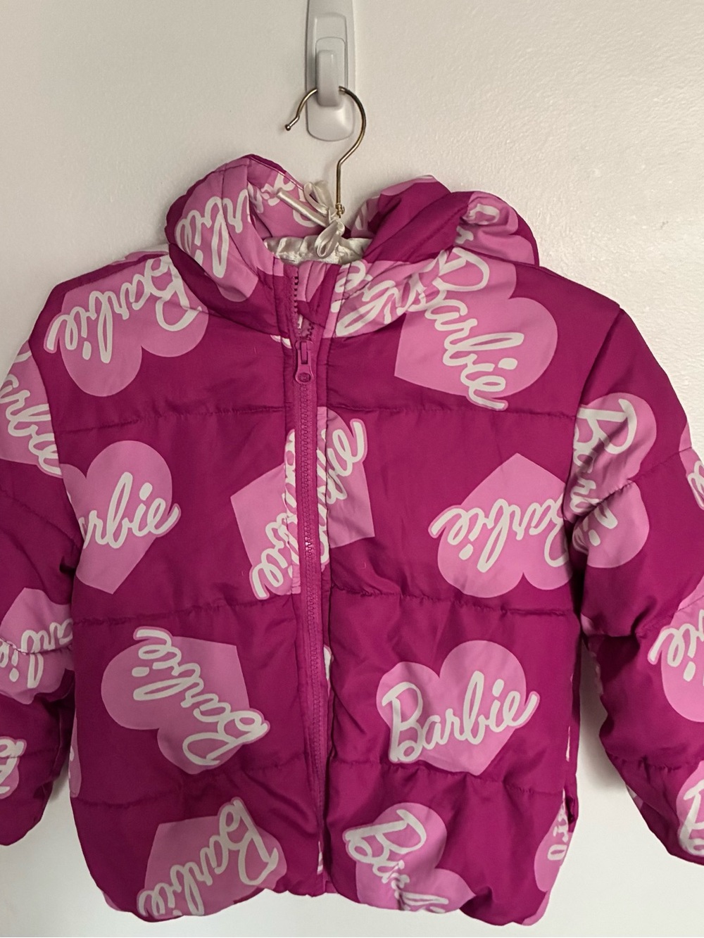 Barbie Magenta Heart-Print Puffer Jacket with Hood